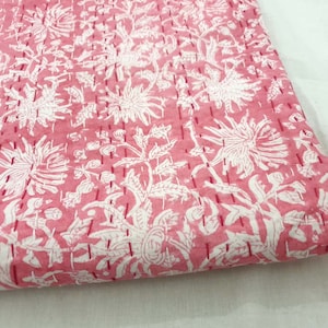 Handmade Kantha Quilts/Hand Block Kantha Quilts/Queen Kantha Quilt/ Bedspreads/Bed Cover/Coverlet/Comforter/Pink Quilts/Indian Cotton Quilts/ Floral Kantha Quit