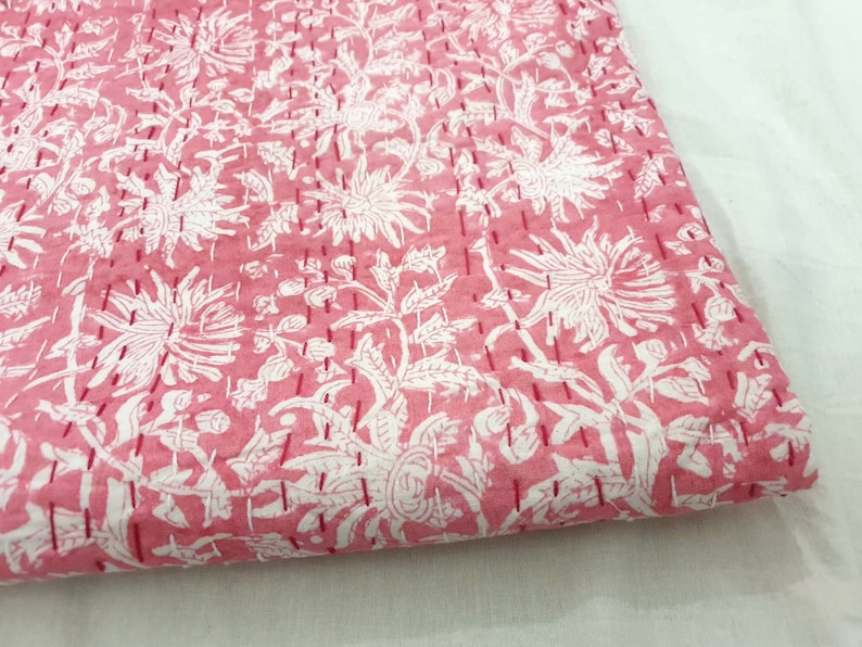 Handmade Kantha Quilts/Hand Block Kantha Quilts/Queen Kantha Quilt/ Bedspreads/Bed Cover/Coverlet/Comforter/Pink Quilts/Indian Cotton Quilts/ Floral Kantha Quit