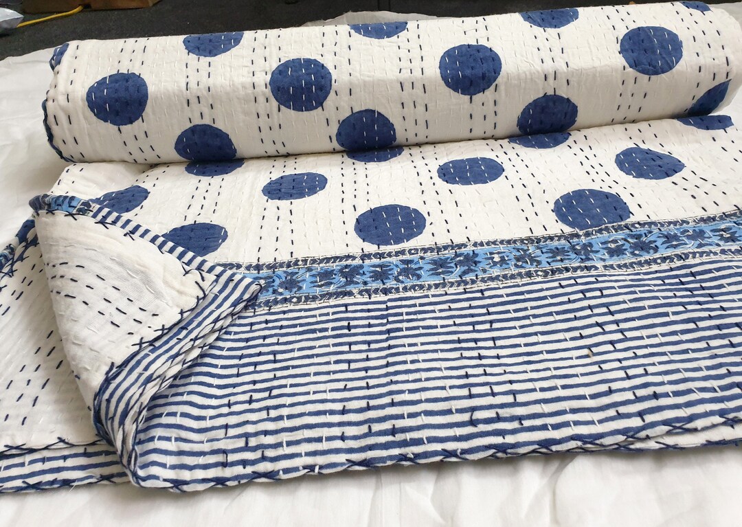 Handmade Indian Kantha Quilt Hand Block Prited Blue Polka Dot - Etsy
