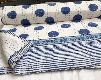 Indian Handmade Cotton  Kantha Quilt Blue Polka Dot Printed Bedspread Queen Kantha Blanket Hand Stitched Block Print Kantha Bed Covers