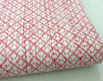 100% Cotton Kantha White Floral Hand Block Printed Kantha Quilt Indian Bedspread Handmade Quilted Kantha Pink Color Coverlet Bed Sheet