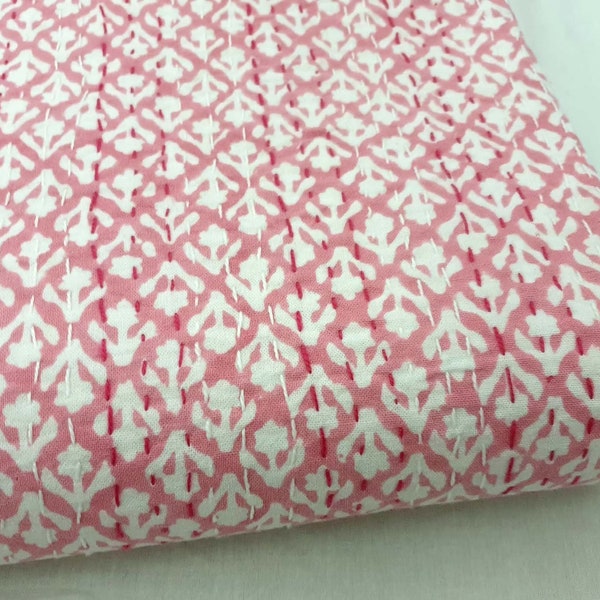 100% Cotton Kantha White Floral Hand Block Printed Kantha Quilt Indian Bedspread Handmade Quilted Kantha Pink Color Coverlet Bed Sheet
