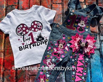 Girls Custom Overall Set /  Minnie Mouse  Overall Set /Birthday Girls Overalls / Girls Birthday Outfit