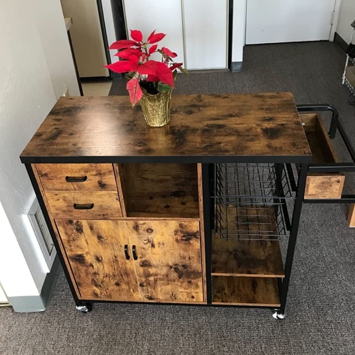 2021 RUSTIC Storage Kitchen Island Cart on Wheels Home Bar Etsy