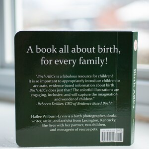 May include: A green book titled "Birth ABCs" with the text "A book all about birth, for every family!" on the front cover. The back cover features a quote from Rebecca Dekker, CEO of Evidence Based Birth, and information about the author, Hailee Wilburn-Ervin.