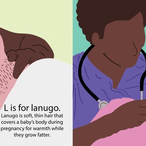 May include: Illustration of a midwife holding a newborn baby. The text 'M is for midwife' is written next to the image. The text explains that midwives care for families during pregnancy, birth, and after. They often attend births at homes, birth centers, and hospitals.