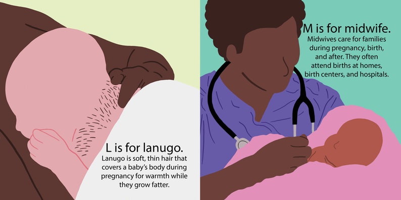 May include: Illustration of a midwife holding a newborn baby. The text 'M is for midwife' is written next to the image. The text explains that midwives care for families during pregnancy, birth, and after. They often attend births at homes, birth centers, and hospitals.