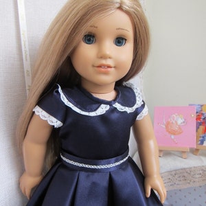 Purple Doll Dress for American Girl Doll. Classic Crepe Satin Doll Dress, Peter Pan Collar, Short Sleeves with matching trim.