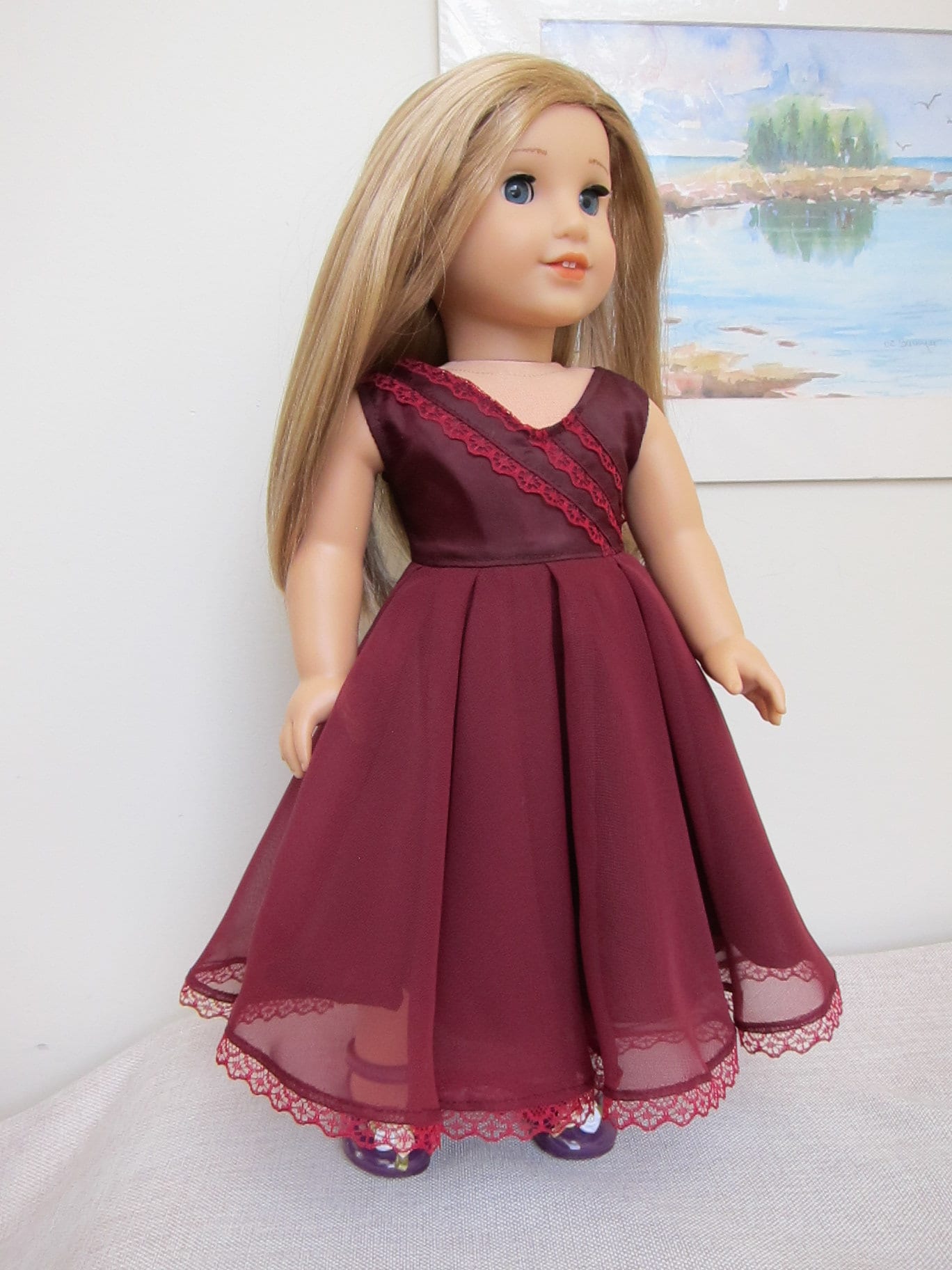 ladies doll dress for American Girl Doll. Maroon Doll Dress for 18