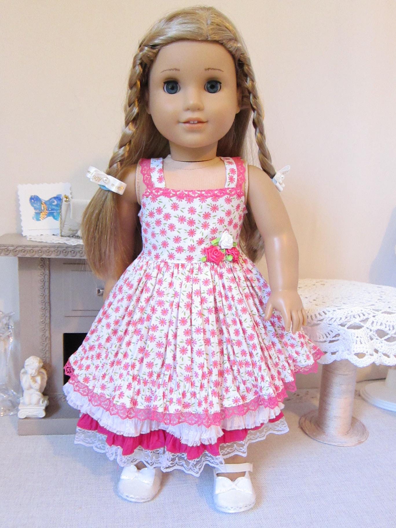 strapless open back dress Pretty Pink Doll Gown for 18 inch American Girl Doll Necklace Headpiece   Dreamworld Collections