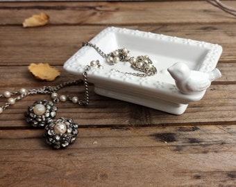 Prettiest White Ceramic Birdbath Soap Holder Trinket Dish