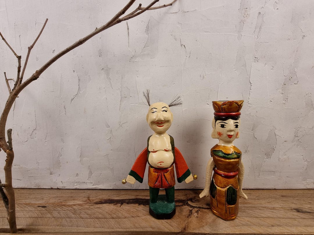 Rare Vintage Chinese Carved Wood String Pull Dolls Husband and Wife ...