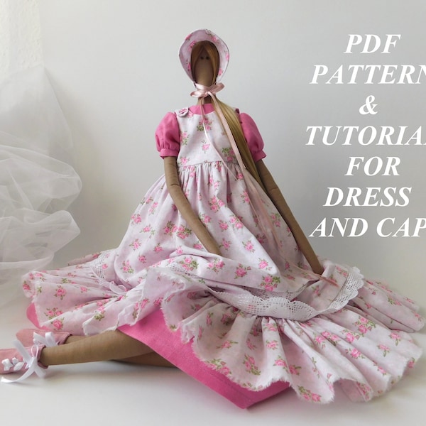 Patron PDF et tutoriel pour deux robes et une casquette pour poupée Tilda de 65 cm-26" et Odiva 68 cm-27"-Patron de couture-Robe de poupée-Vêtements de poupée