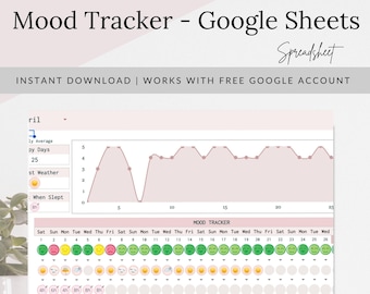 Digitale Mood Tracker Spreadsheet, Dagelijkse Mood Tracker, Google Spreadsheets-sjabloon, Mood Journal, Mood Log, Mood Log Spreadsheet