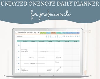 May include: A laptop screen displaying a digital planner with a calendar layout for the month of January. The planner is titled "Undated Onenote Daily Planner for Professionals" and is from the company "Plannerforall".