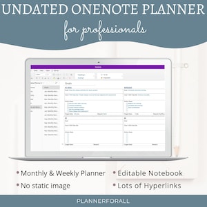 Puede incluir: Una captura de pantalla de una computadora que muestra una plantilla de planificador sin fecha en Microsoft OneNote. El planificador está diseñado para profesionales e incluye secciones para objetivos, planificación mensual y semanal, y listas de tareas. La plantilla es personalizable e incluye hipervínculos.