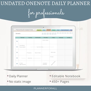 May include: A laptop screen displaying a digital planner with a calendar layout for the month of January. The planner is titled "Undated Onenote Daily Planner for Professionals" and is from the company "Plannerforall".
