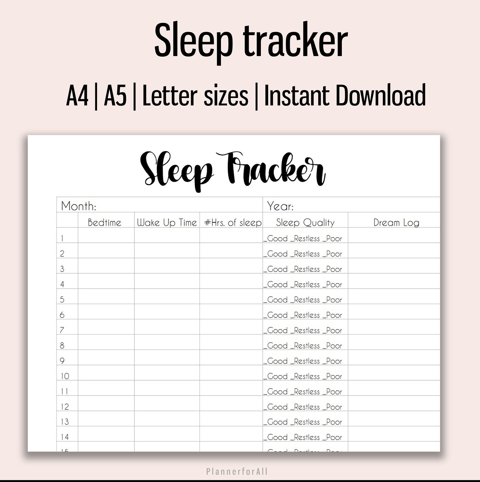 Sleep Tracker Printable Sleep Log Printable Monthly Sleep Etsy Ireland