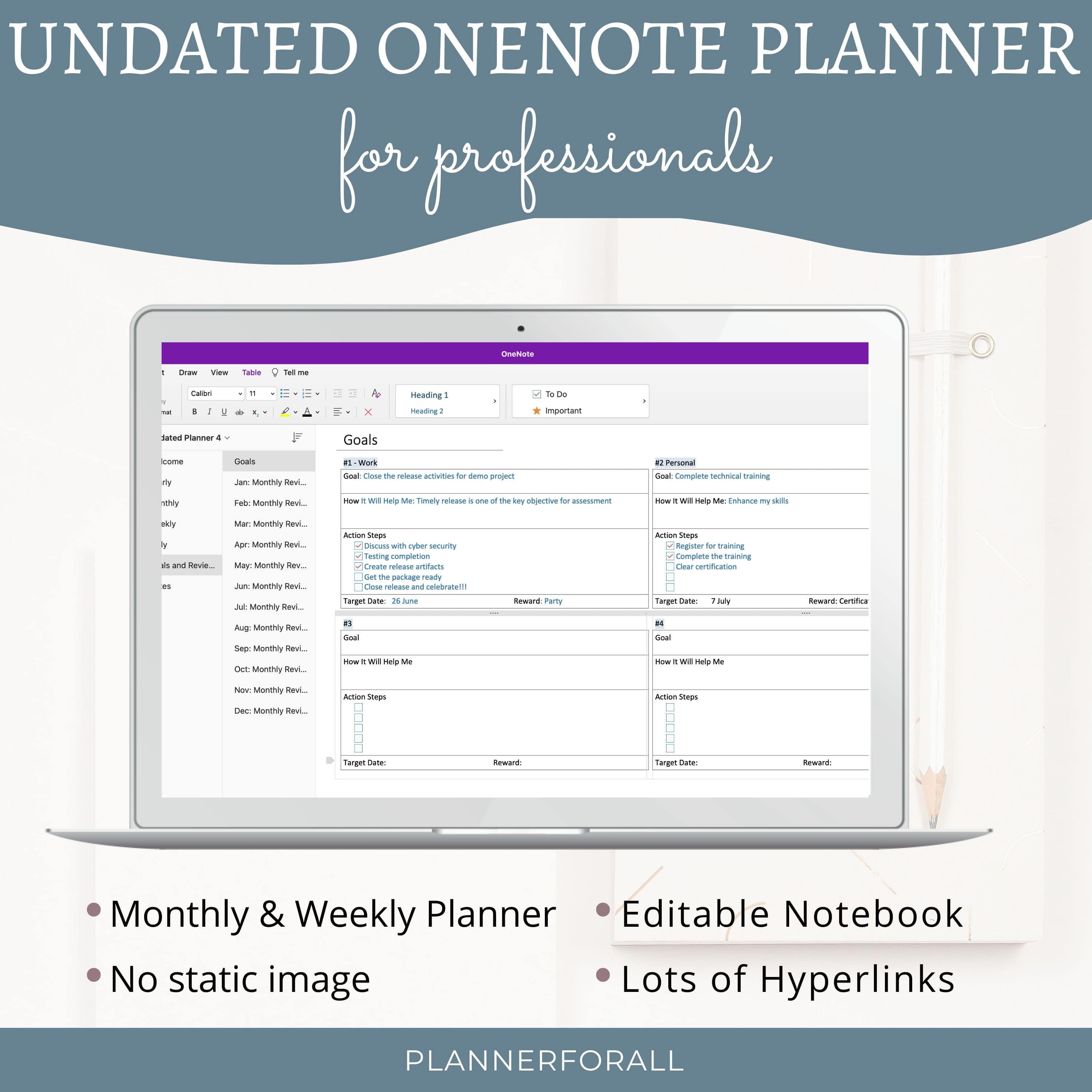 Onenote Digital Planner for Professionals, Hyperlinked Onenote Planner