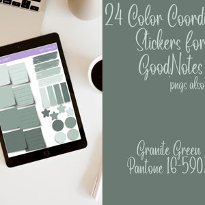 May include: A digital tablet displaying a set of 24 color coordinated stickers for GoodNotes in a green color scheme. The text "Granite Green Pantone 16-5907" is also visible.