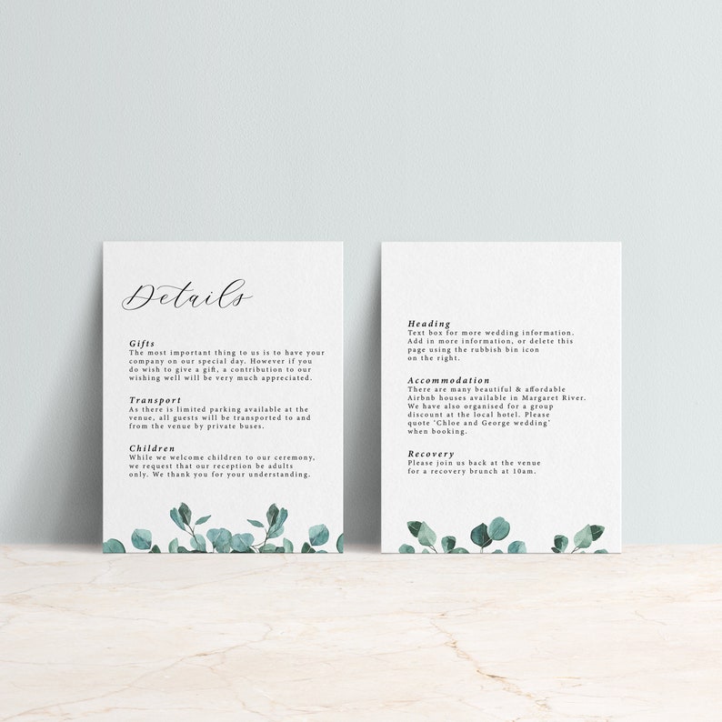 Templett Invitation Details Info Card RSVP Reply Card Greenery Leaves Simple Eucalyptus Wedding Invite Set Editable Template