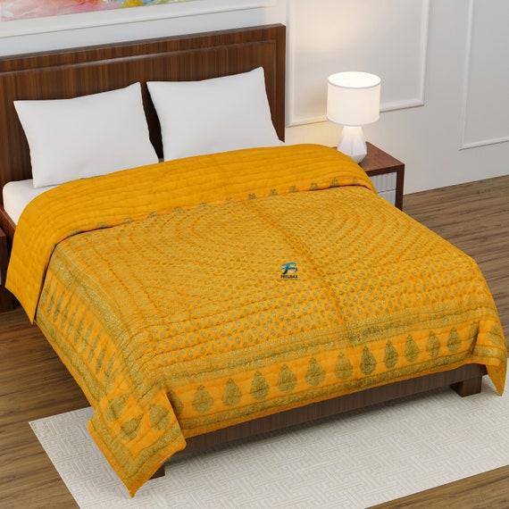 Indian Jaipur Quilt Yellow Golden Printed Floral Print Jaipuri Etsy