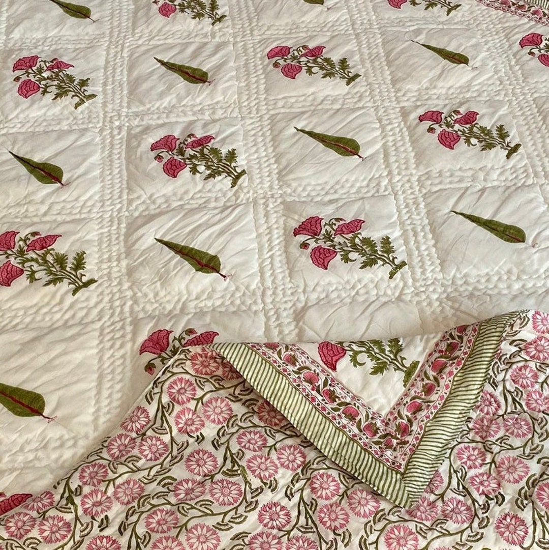 INDIAN COTTON QUILT, Reversible Quilt, Jaipuri Razai Indian Kantha Quilt, Floral Block Print