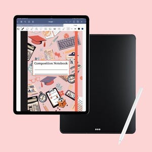 May include: A black tablet displaying a digital composition notebook with school-themed illustrations, including a calculator, graduation cap, and keyboard. The text "Composition Notebook" is visible. A white stylus and a second black tablet are also present.