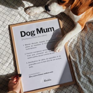 Peut inclure: Une affiche encadrée avec le texte "Dog Mum" en lettres noires en gras. Le texte est défini comme "Professionnelle des câlins" en lettres plus petites. L'affiche comprend une définition du terme "Dog Mum" en français, avec trois puces décrivant les caractéristiques d'une Dog Mum. L'affiche comprend également le mot "synonymes" suivi des mots "Mère, source d'amour, meilleure amie" et le mot "Blabla" en bas.