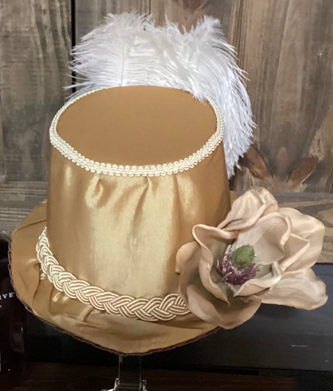 Womens Top Hat Beautiful Gold Fabric With Magnolia Accent Etsy
