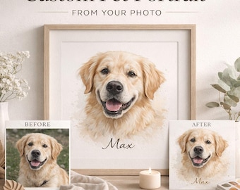 Pode incluir: Retrato personalizado de animal de estimação com um golden retriever chamado Max. A imagem mostra uma comparação do antes e depois, com opções de download digital, tela ou impressão em pôster. A obra de arte é exibida em uma superfície de madeira.