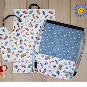 Customizable nursery set, school set, personalized children&#39;s backpack, customizable nursery towel, bib with elastic, name