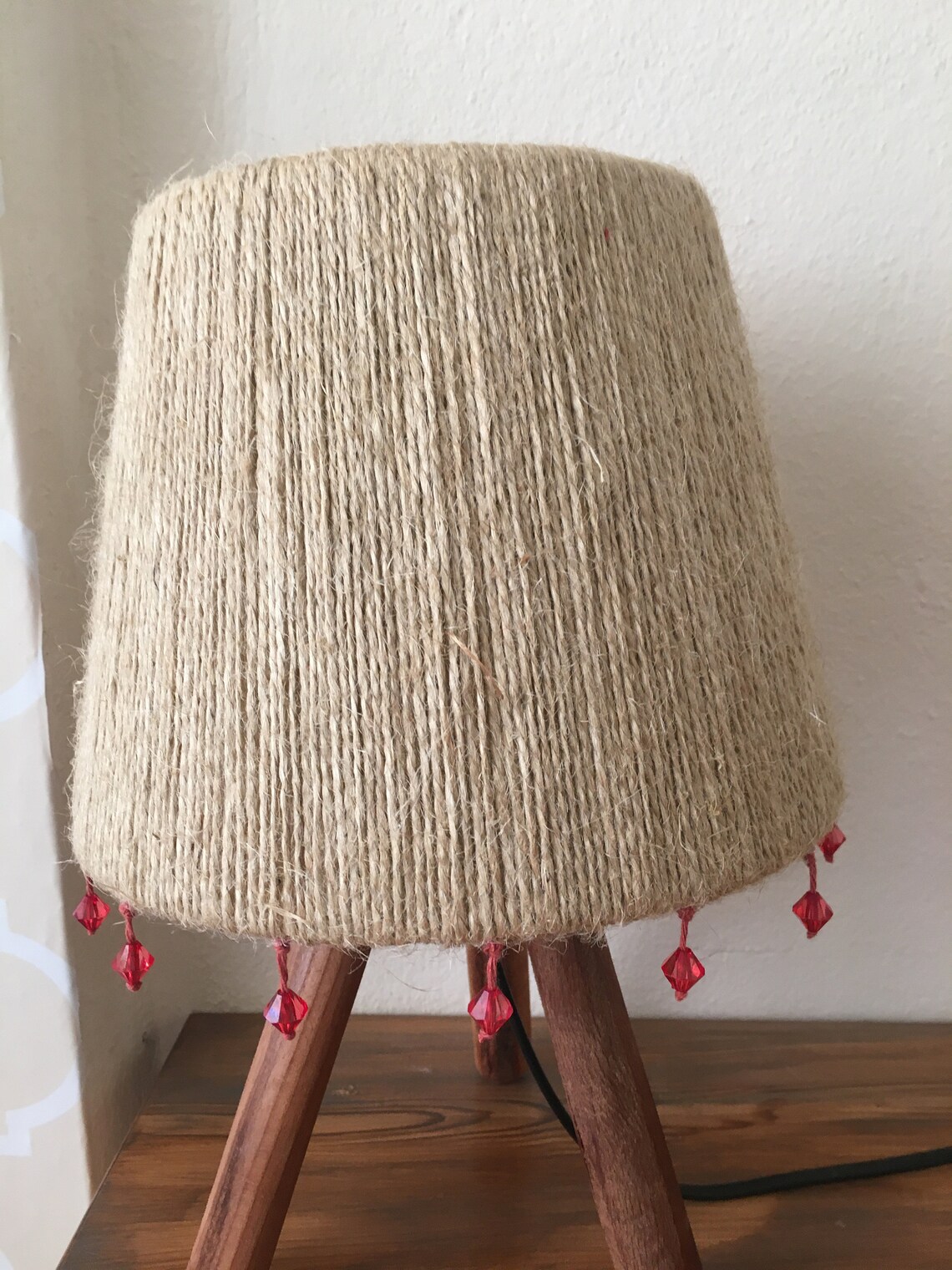 Hand made jute lampshade red crystal jute lamp jute Etsy