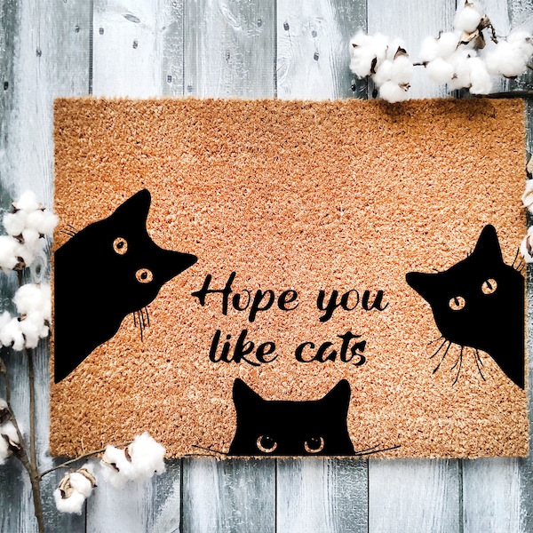 Cat Doormat, Hope you like cats, Closing Gift | Welcome Doormat | Front Doormat, Monogram Rug, Cat, Cat Photo, cats , three black cats 1108