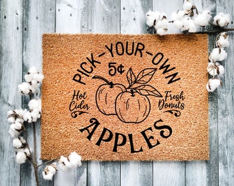 Fall Home Decor Pumpkin cute outdoor front porch welcome door mat, gift for new home, gift for mom Pick your own Apples - 9036