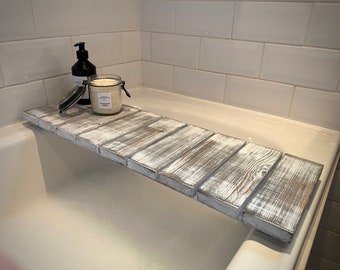 Handmade Wooden Bath Tray, Bath Board,  Bath Caddy, Bath Shelf, Barn Wood Finish Grey washed