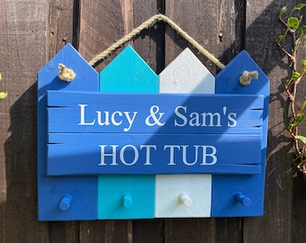 Personalised hot tub sign, pool or spa - with hooks for towels and robes - Garden party decor - choice of colours