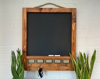 Personalised Chalkboard with Key Hooks - Solid Wood Frame in Dark Walnut Finish