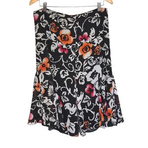 Chico's 100% Silk Black Floral Midi Skirt Y2K Flutter Hem A-Line Godet Size Medium