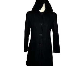 Vintage Stephanie Mathews Kids 100% Wool Hooded Dress Coat | Black Peacoat | Girls Size 16 XXL | Warmwear | Full Length | Holiday Outfit