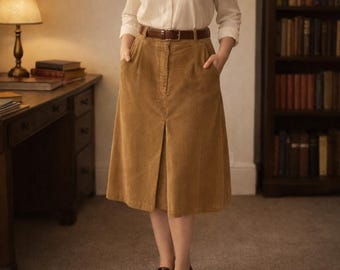 Tan Corduroy A Line Midi Skirt, 70s Pleated Hem, Size 11/12