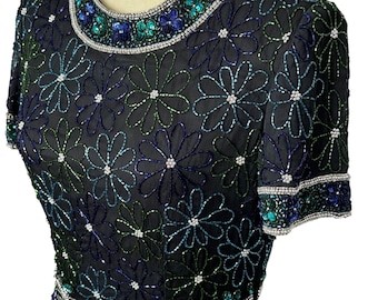 Black Silk Beaded Sequin Blouse, 80s 90s Party Top Small