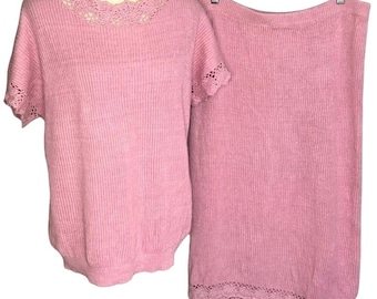 Vintage Cervelle Pink Knit Sweater & Skirt Set XL Pastel Cottagecore Outfit 80s 90s Two Piece Soft Girl Aesthetic Feminine Fall Layering