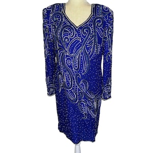 Vintage 80s Stenay Sequin Silk Dress | Women Size 14 | Blue Beaded | Party Cocktail | Glam Rock | Prom Homecoming | Aimee-Leigh Gemstone