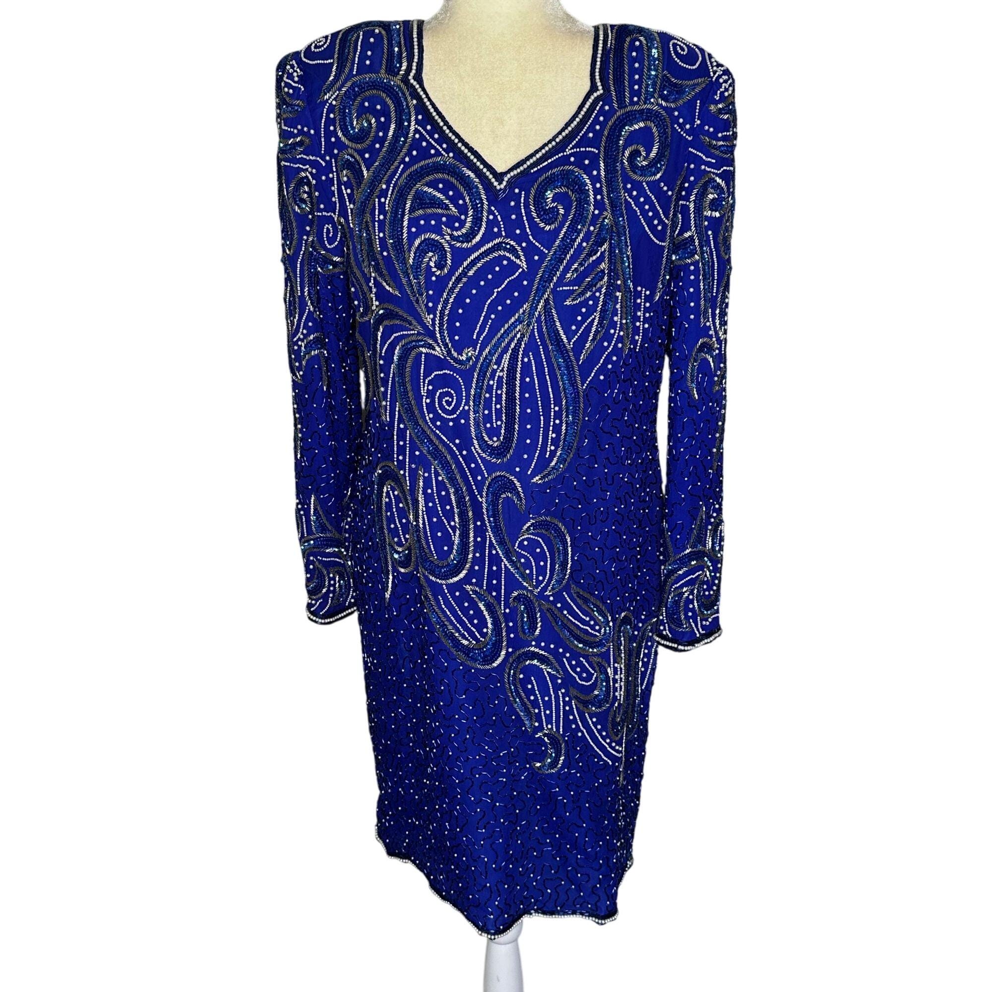 Vintage 80s Stenay Sequin Silk Dress | Women Size 14 | Blue Beaded | Party Cocktail | Glam Rock | Prom Homecoming | Aimee-Leigh Gemstone