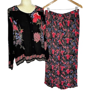 Vintage 90s Kaktus Plus 1X Tropical Floral Two Piece Set Top and Wide Leg Pants Lightweight Boho Lounge Outfit