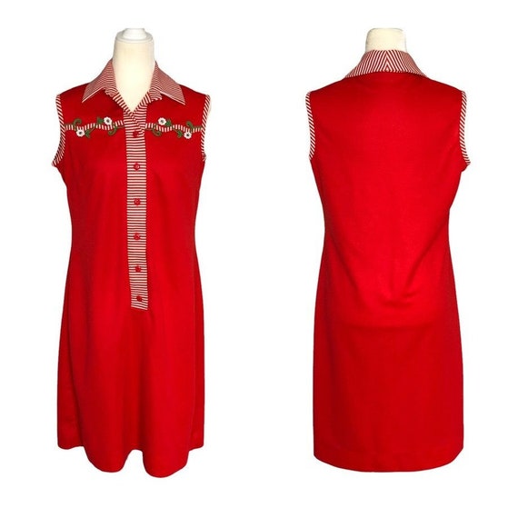 Vintage 60's Sleeveless Shift Dress | Red White S… - image 1