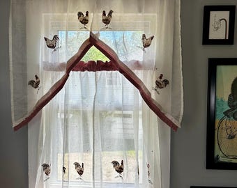 Juego de cortinas Rooster Café, paneles transparentes para cocina estilo cabaña, cenefa estilo granja