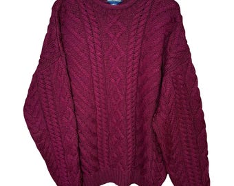 Lands End 100% Wool Cable Knit Fisherman Sweater Berry Mens Medium England