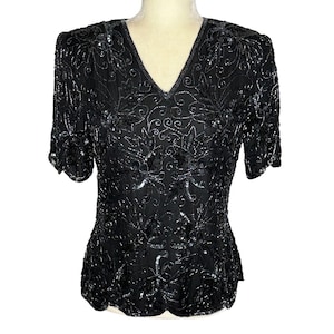 Vintage 80s Sténay Black Beaded Silk Top | Womens Small | Sequin Floral | Scalloped Hem | Formal Blouse | Evening | Festival | Judy Gemstone